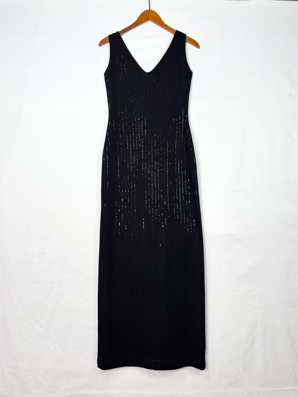 Vintage St John Evening Sequin Maxi Dress Santana Knit Black V Neck Size 6